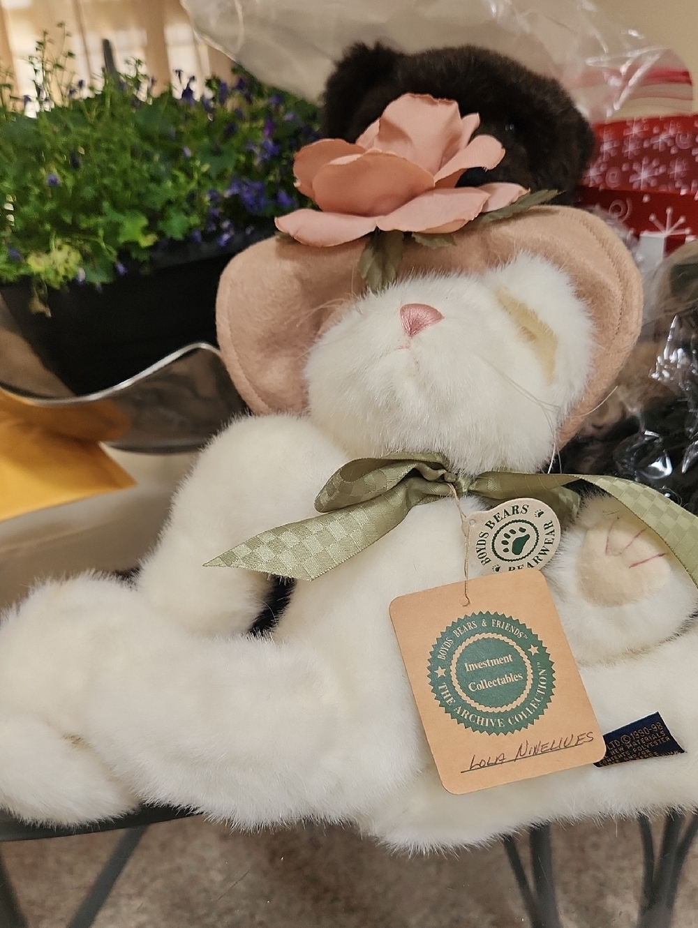 Vintage Plush Bear with Pink Hat and Flower